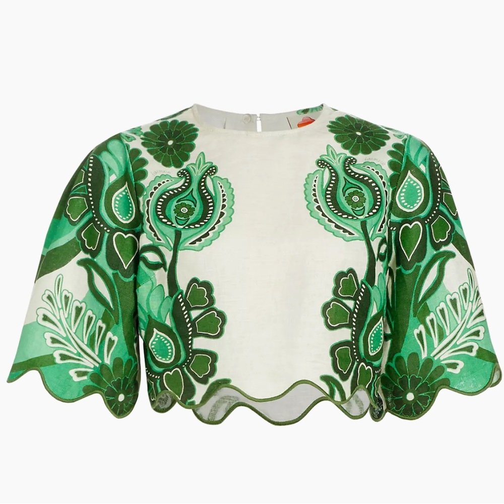Farm Rio Green and White Linen Crop Top XXS